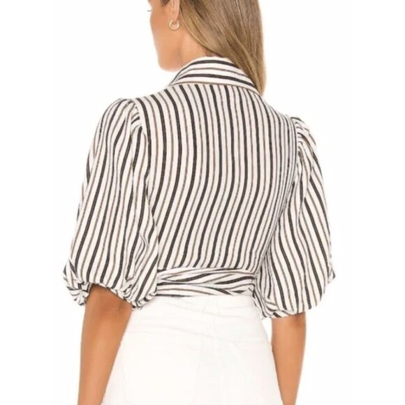 Petersyn Cellini Linen Blouse in Desert  Stripe size Xs Puff Sleeve Wrap Top - Picture 2 of 11